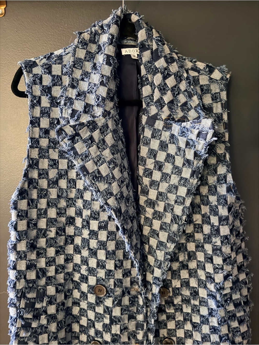 Adore Frayed Checkered Tweed Vest - Navy & Light Blue